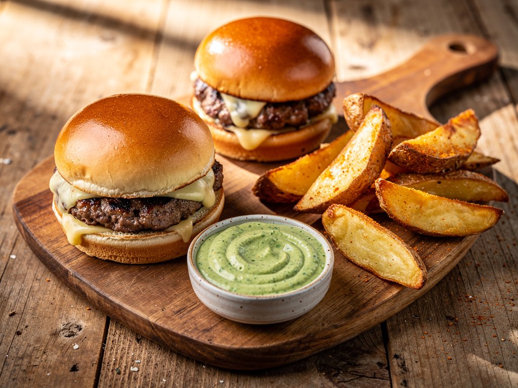 Smoky Ancho Beef Sliders with Chimichurri Mayo and Crispy Potato Wedges