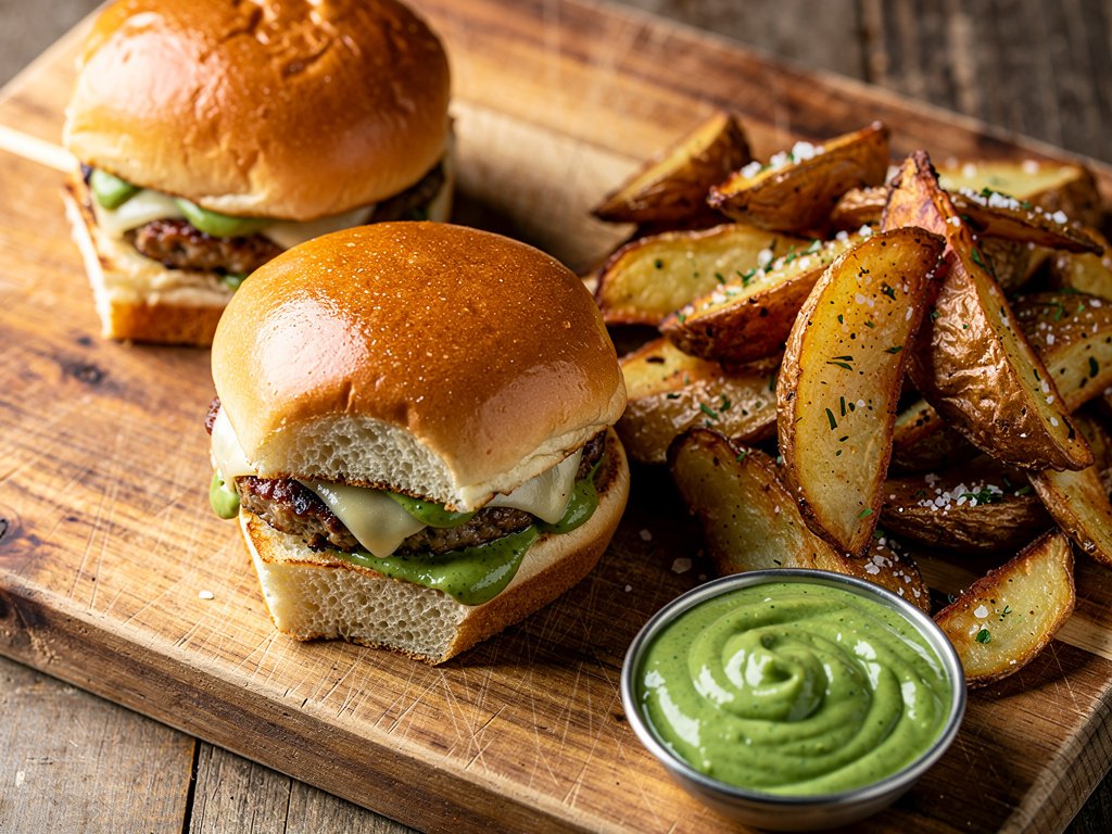 Smoky Ancho Turkey Sliders with Chimichurri Mayo and Crispy Potato Wedges