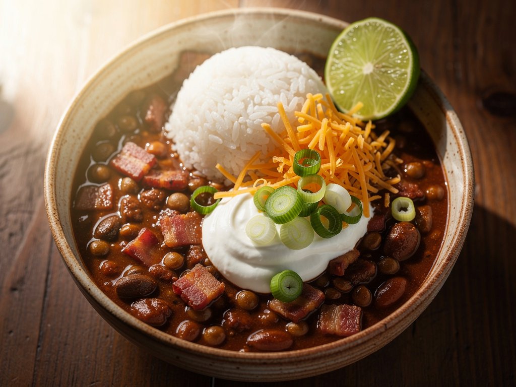 Smoky Bacon and Lentil Chili Bowls with Cilantro Lime Rice
