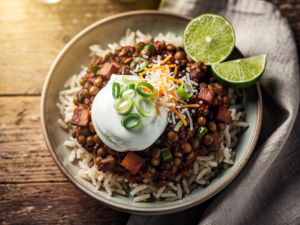 Smoky Bacon and Lentil Chili with Rice Bowls