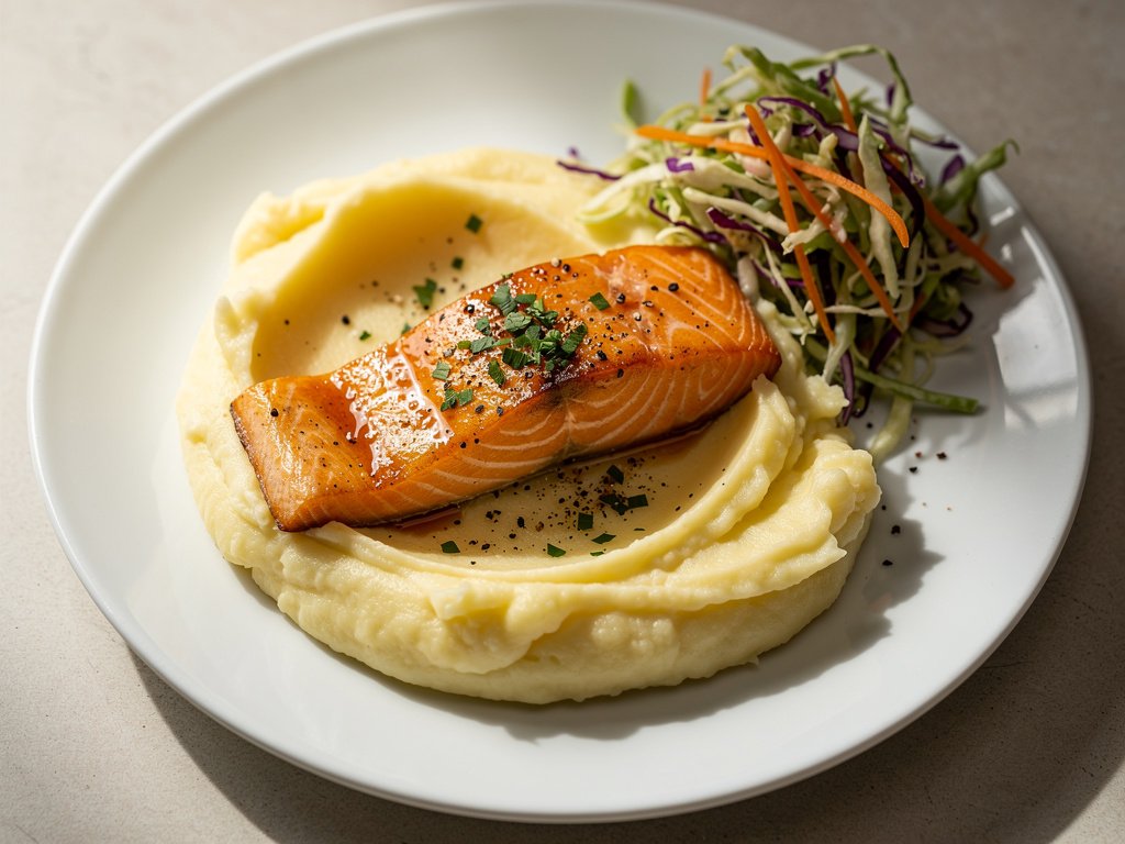 Smoky BBQ Glazed Salmon with Creamy Mashed Potatoes and Tangy Coleslaw