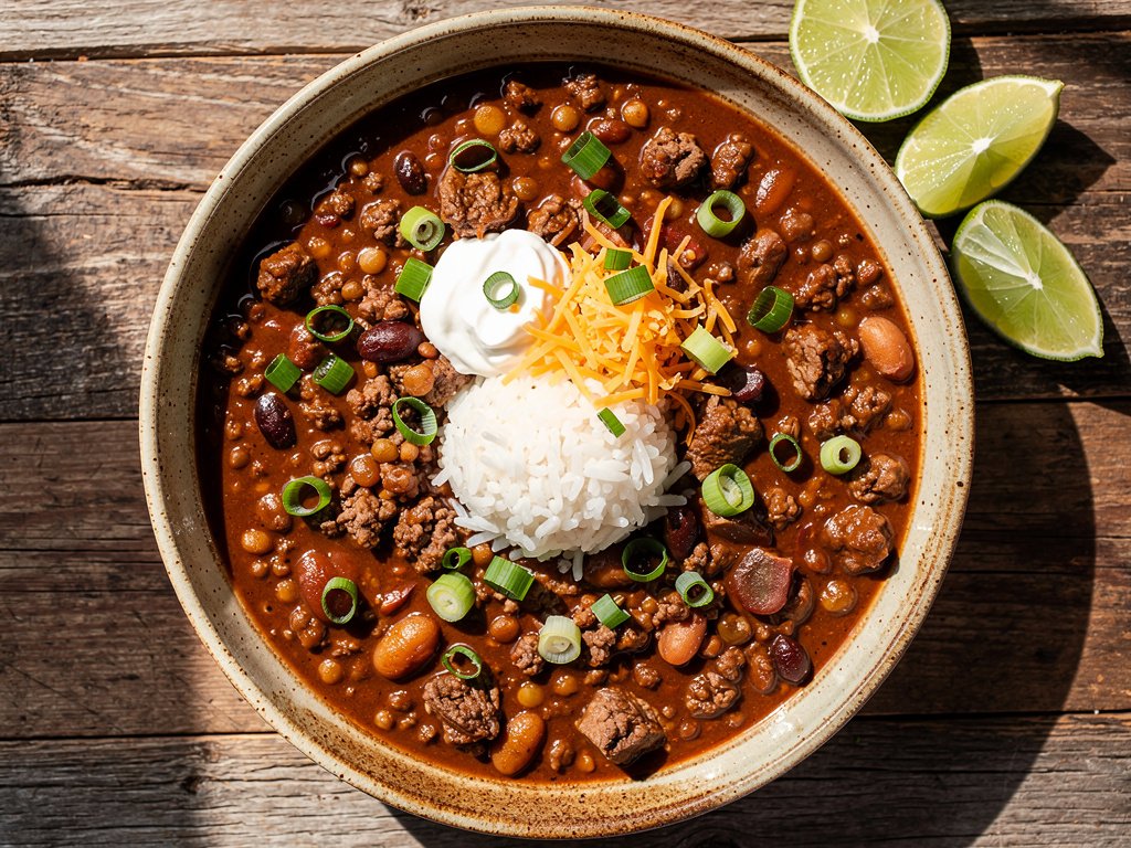 Smoky Beef and Lentil Chili with Lime Rice Bowls