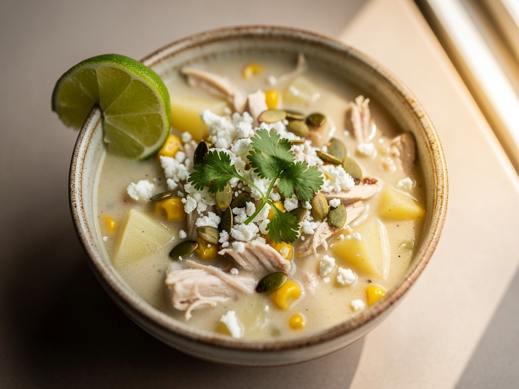 Smoky Chicken and Corn Chowder with Cotija and Pepitas