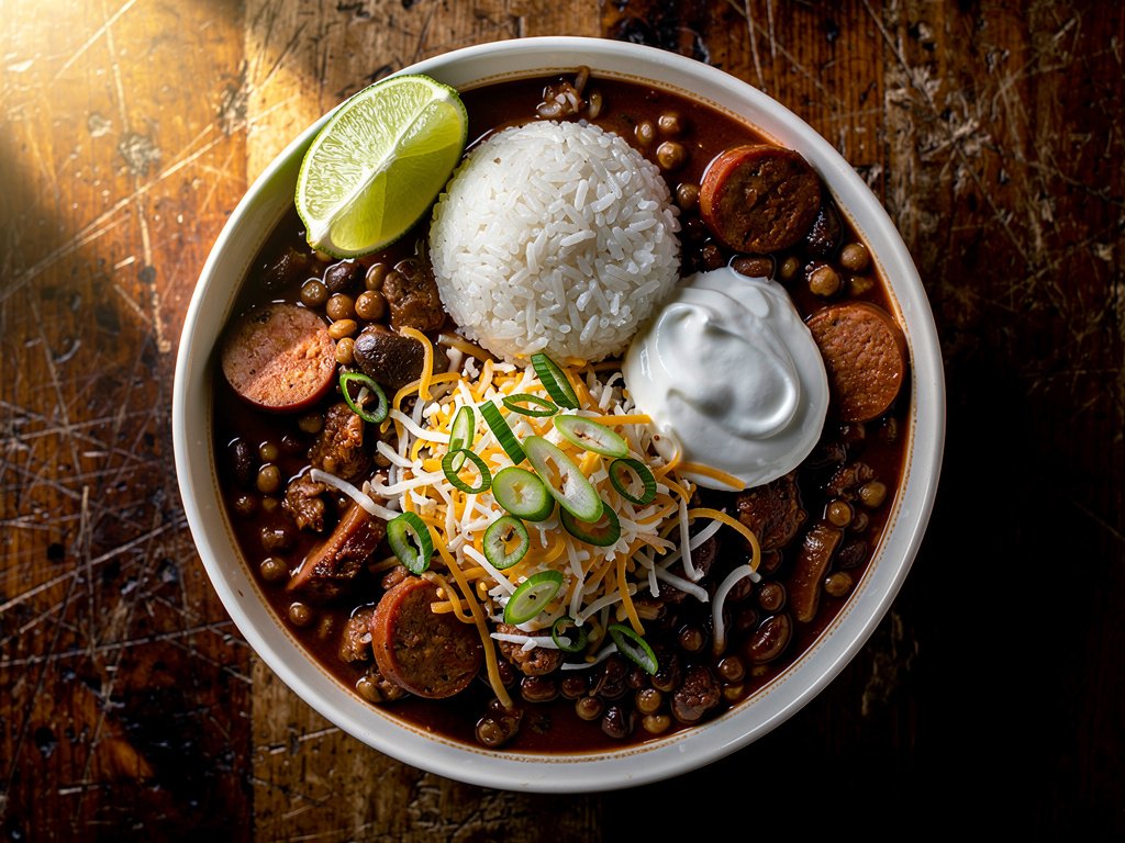 Smoky Chicken Sausage and Lentil Chili Bowls with Cilantro Lime Rice