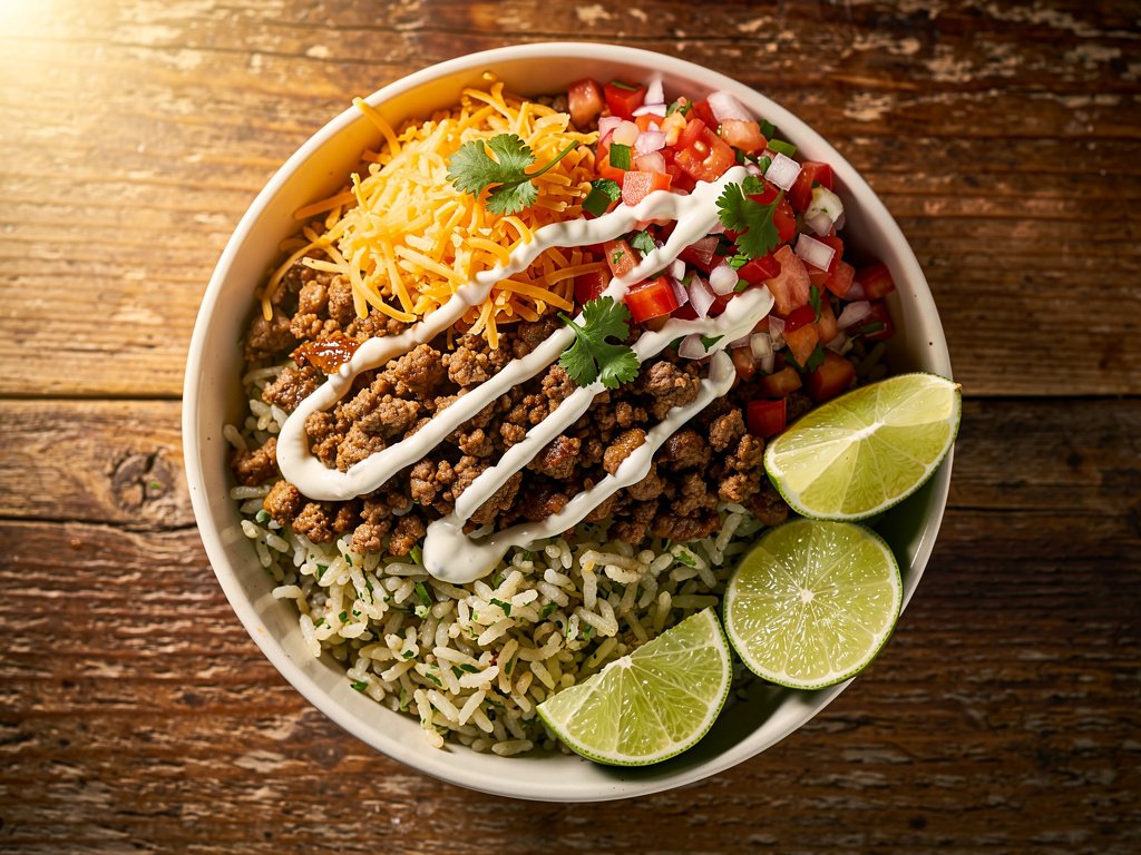 Smoky Chipotle Beef Burrito Bowl with Cilantro Lime Rice and Pico de Gallo