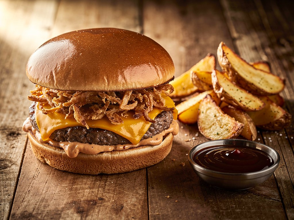 Smoky Chipotle Cheddar Burgers with Crispy Onions and Roasted Potato Wedges