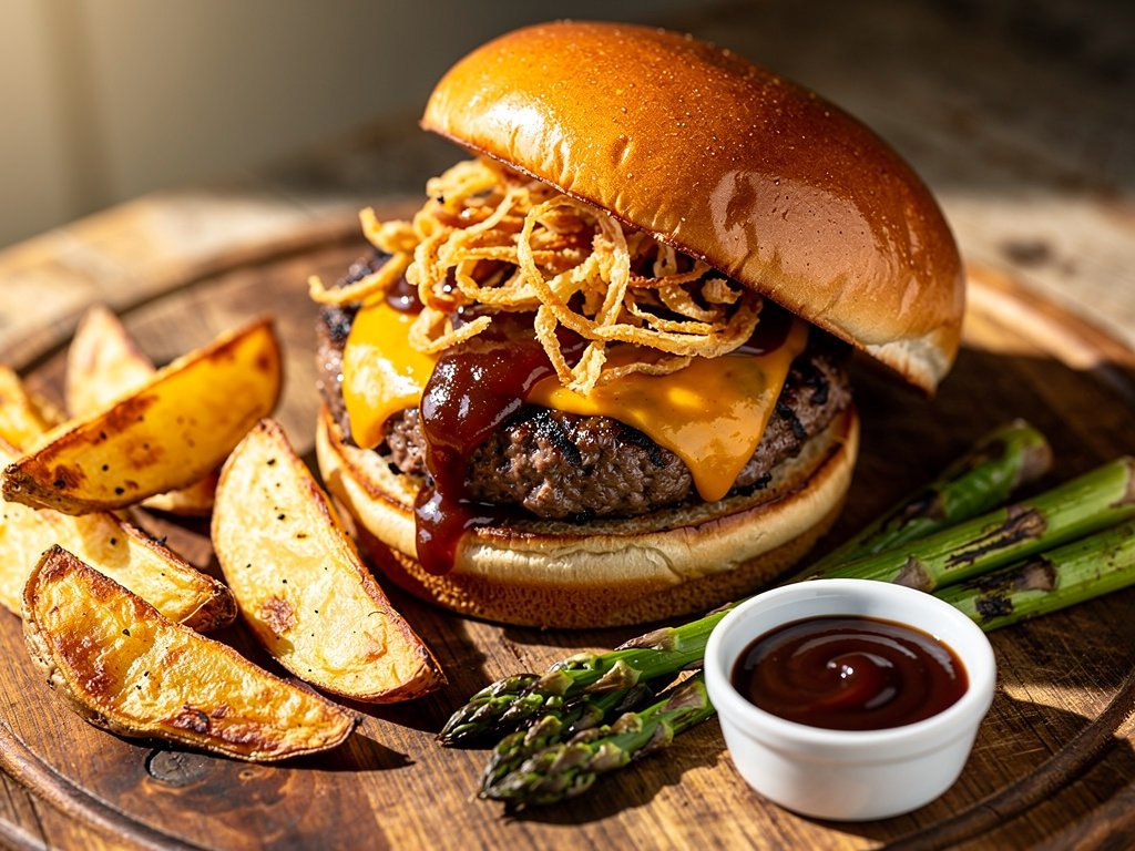Smoky Chipotle Cheddar Burgers with Crispy Onions and Roasted Potato Wedges