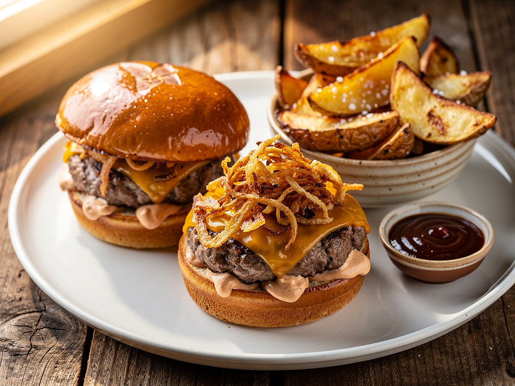 Smoky Chipotle Turkey Burgers with Cheddar and Crispy Onions