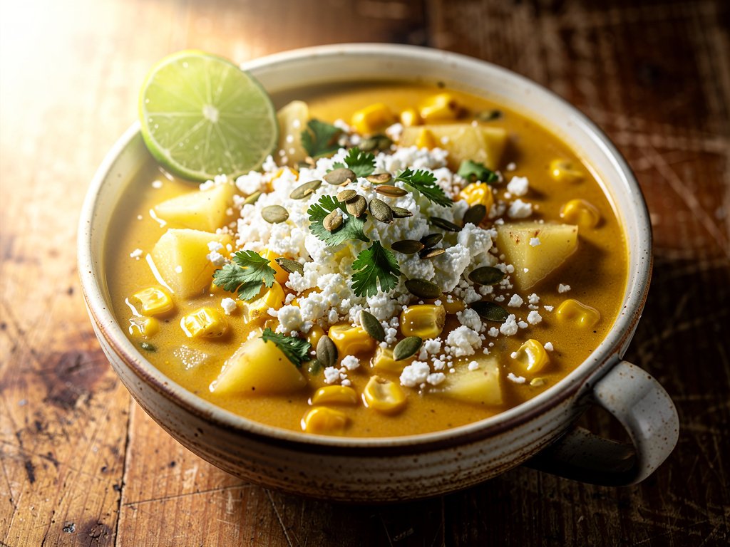 Smoky Corn and Potato Chowder with Cotija and Pepitas