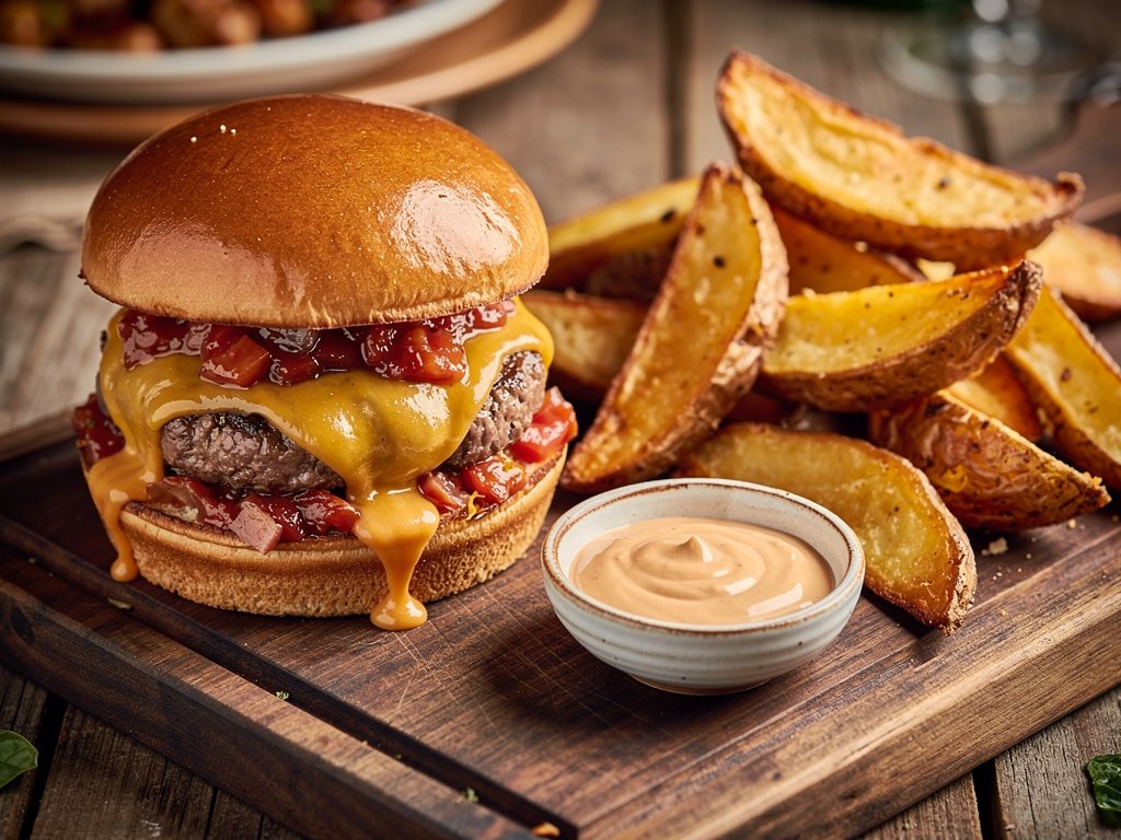 Smoky Gouda Burgers with Tomato Onion Jam and Crispy Potato Wedges