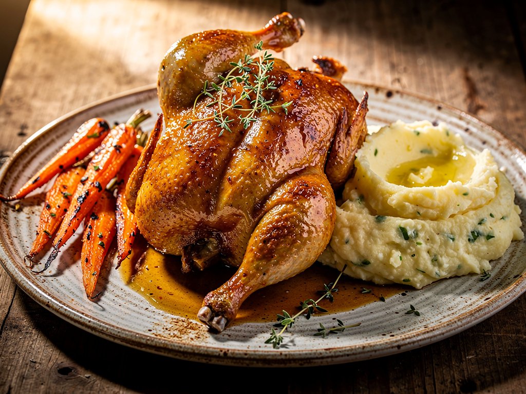 Smoky Maple-Mustard Glazed Half Chicken with Roasted Carrots and Garlic Herb Mashed Potatoes