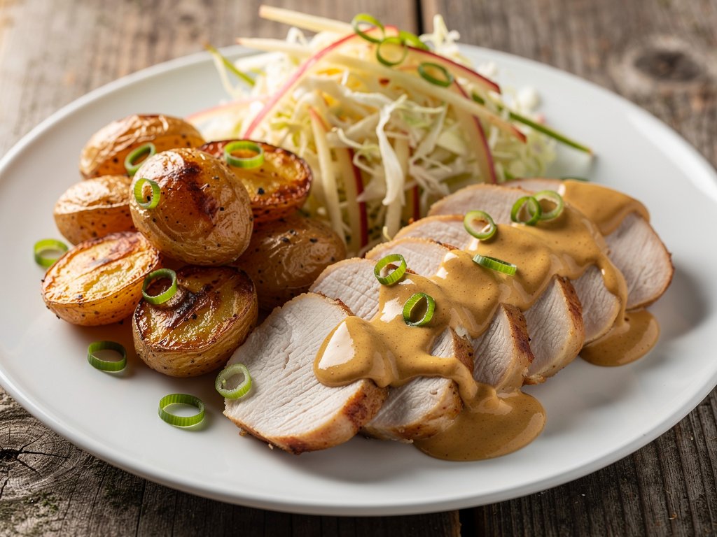 Smoky Mustard Chicken with Roasted Potatoes and Apple Slaw