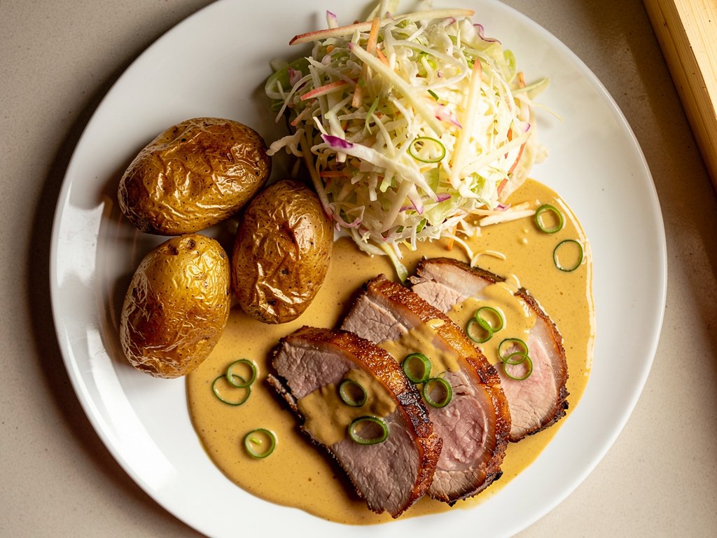 Smoky Mustard Pork Chops with Roasted Potatoes and Apple Slaw