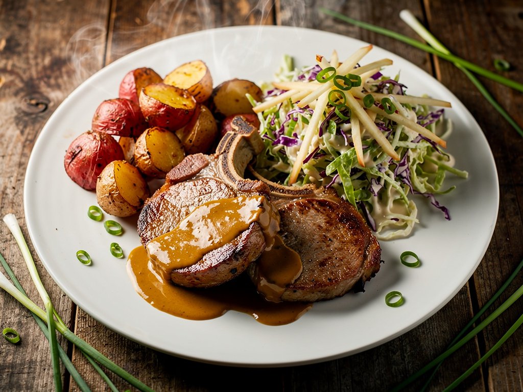 Smoky Mustard Pork Chops with Roasted Potatoes and Apple Slaw