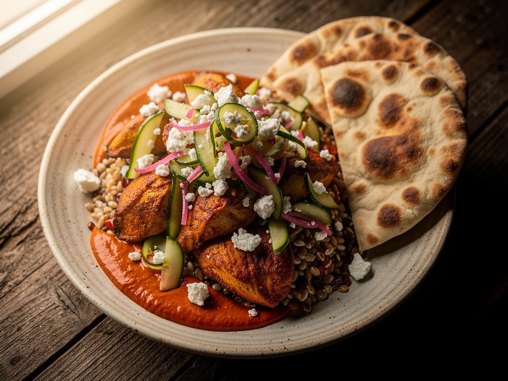 Smoky Paprika Chicken and Grain Bowl with Pickled Cucumber and Feta