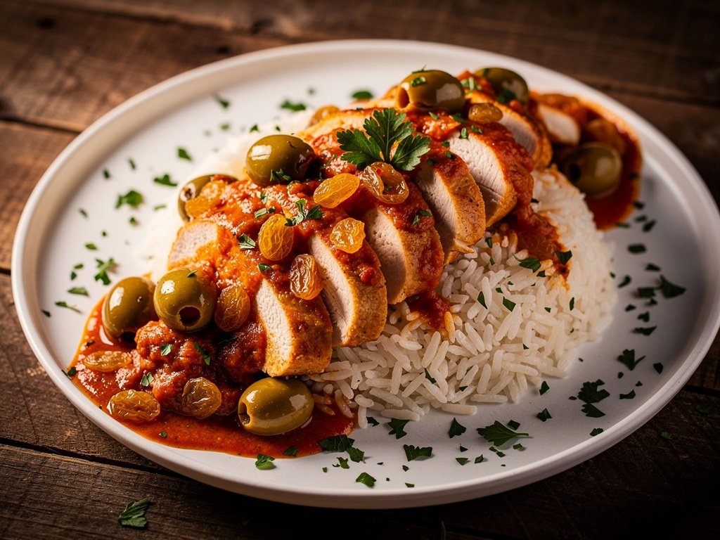 Smoky Paprika Chicken with Olives and Raisins over Rice