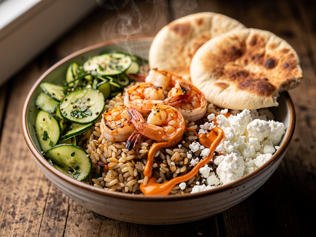 Smoky Paprika Shrimp and Grain Bowls with Cucumber Feta Salad