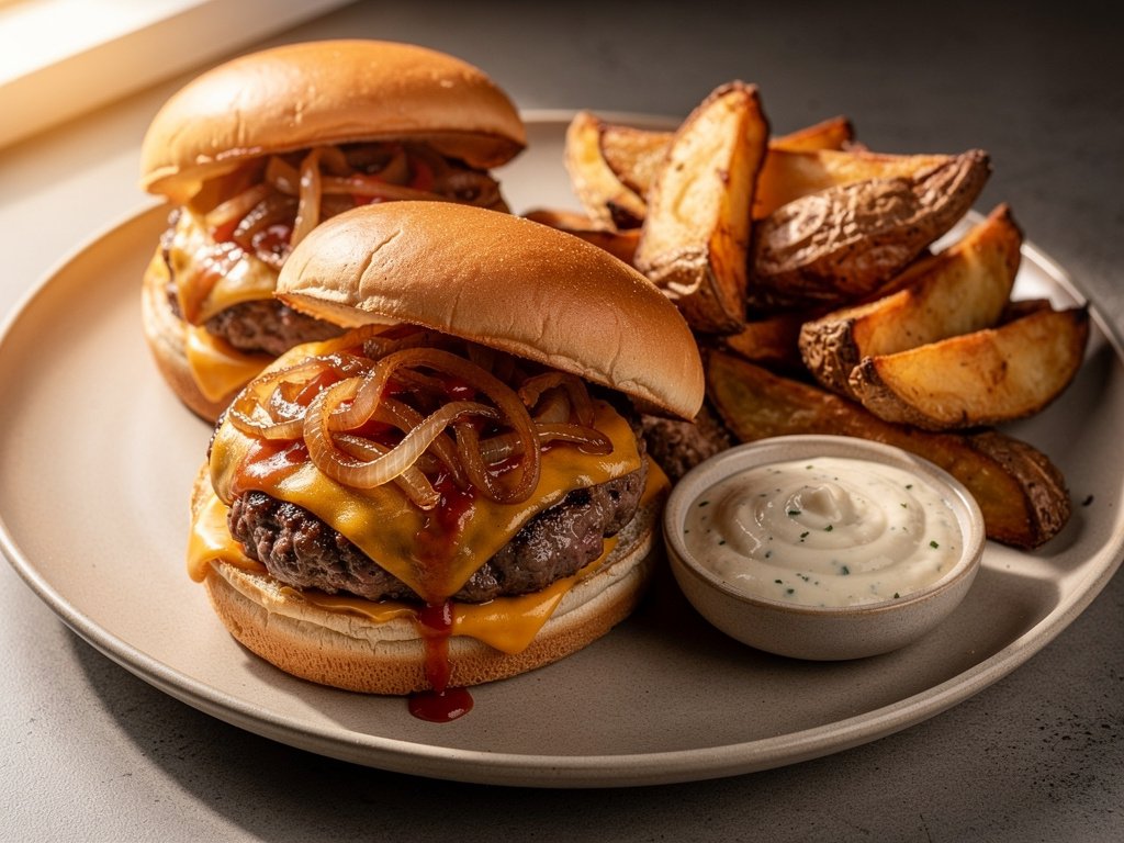 Smoky Pork Burgers with Gouda, Sriracha Onions, and Crispy Potato Wedges