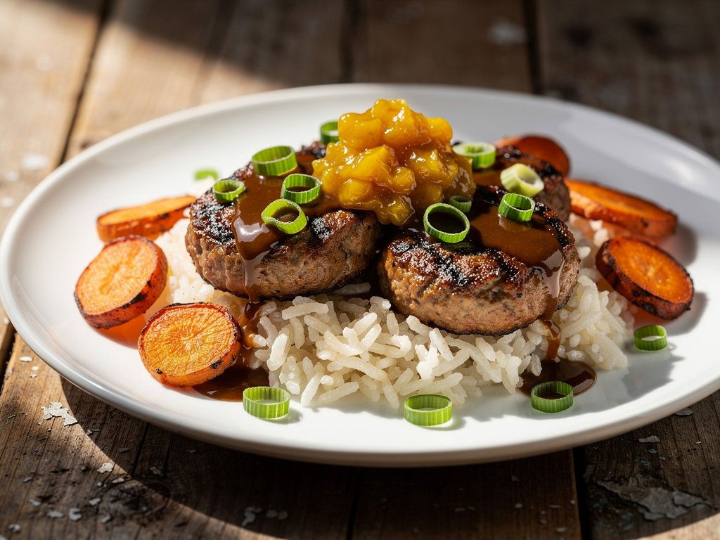 Smoky Turkey Patties with Coconut Rice and Mango Chutney