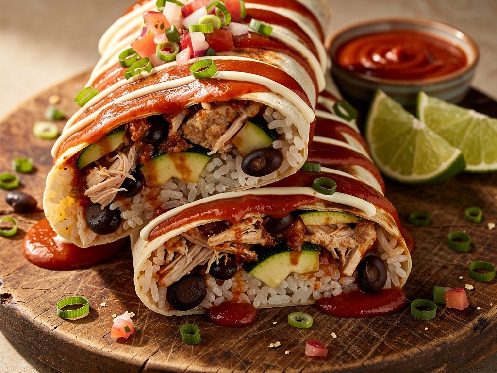 Smothered Chicken, Rice & Bean Burritos with Zucchini and Pico de Gallo