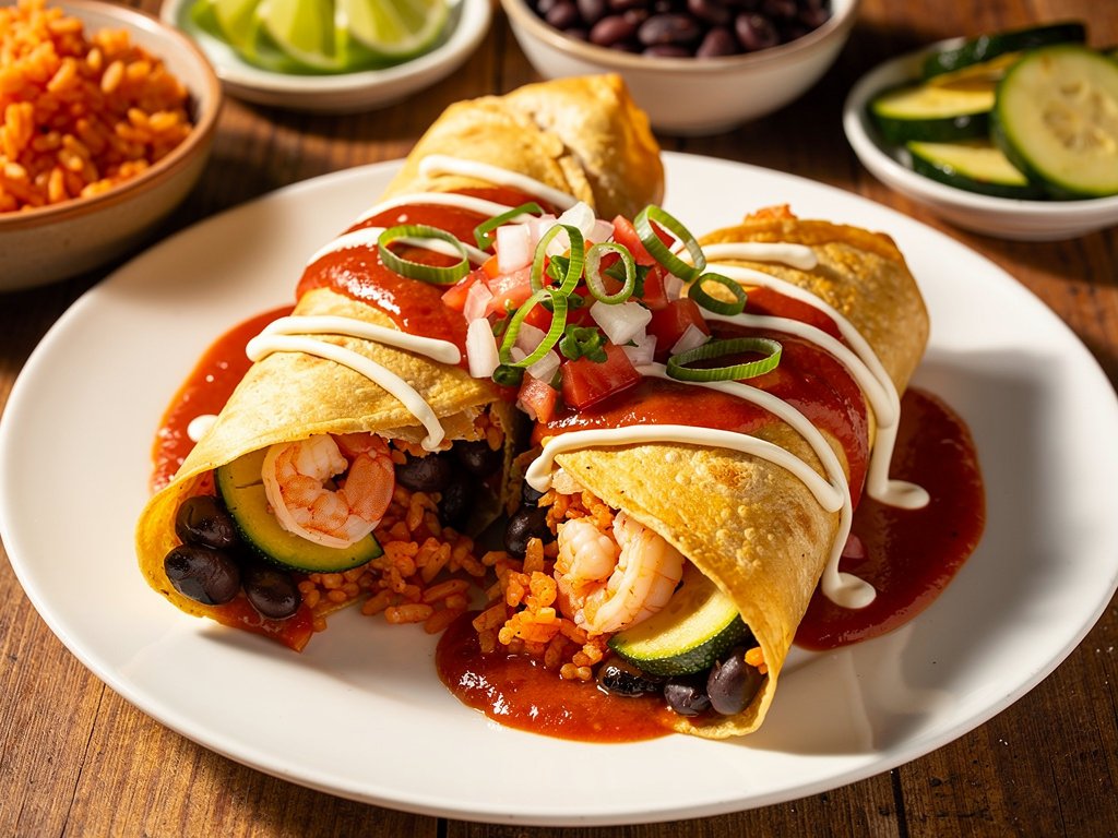 Smothered Shrimp, Rice & Bean Burritos with Zucchini and Pico de Gallo