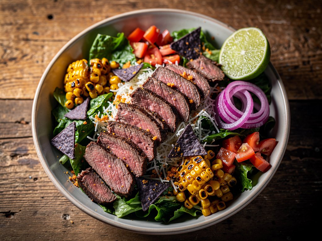 Southwest Bavette Steak Taco Salad with Charred Corn and Pickled Onion