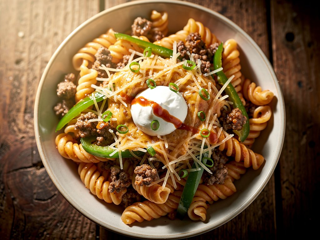 Southwest Beef Cavatappi with Smoky Red Pepper Crema