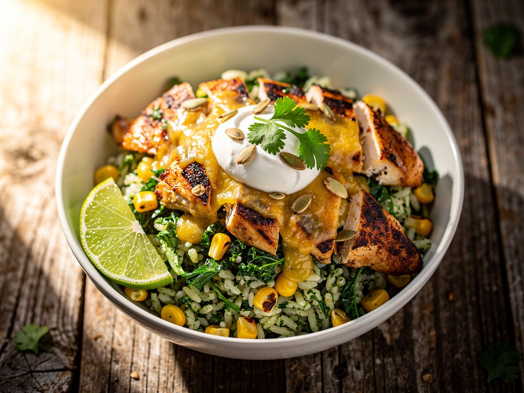 Southwest Chicken Bowls with Chimichurri Kale Rice and Monterey Jack