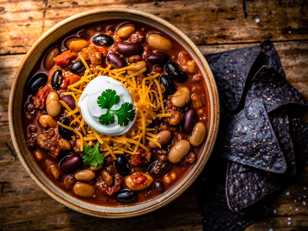 Southwest Three-Bean Chili with Cheddar and Sour Cream