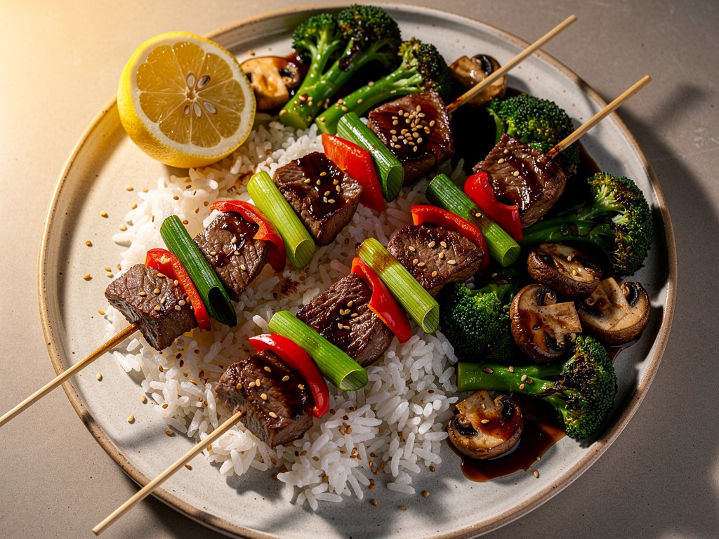 Savory Soy-Glazed Steak Skewers with Sesame Rice and Soy Butter Vegetables