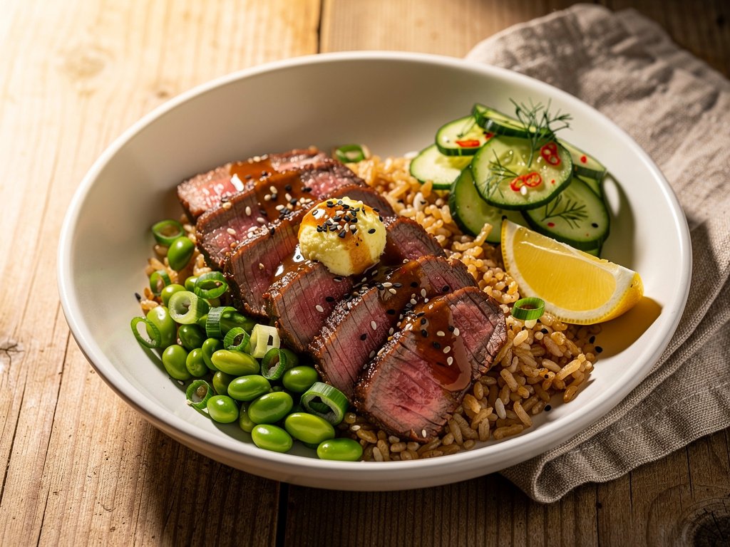 Soy-Marinated Steak with Sesame Fried Rice and Quick-Pickled Cucumber