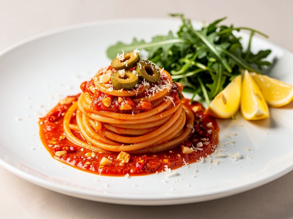 Spaghetti Puttanesca with Green Olives and Lemony Arugula Salad