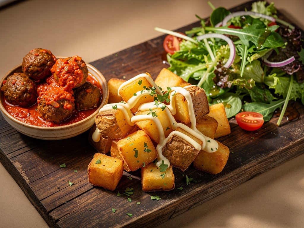Spanish Beef Meatballs with Romesco Sauce, Patatas Bravas, and Garlic Aioli