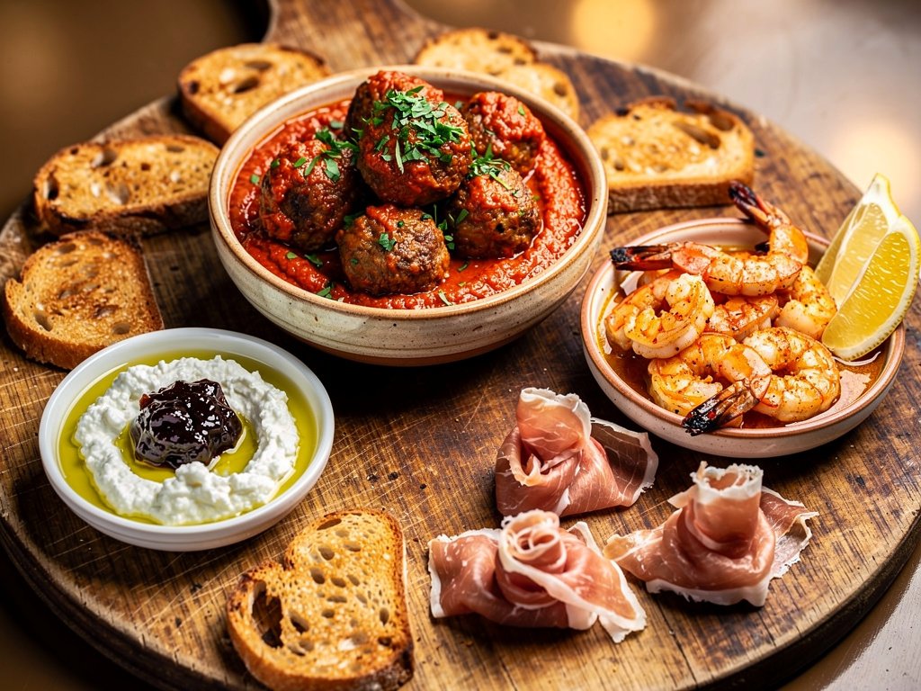 Spanish Tapas Feast: Beef Albondigas, Garlic Shrimp, and Crostini