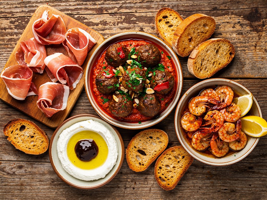 Spanish Tapas Feast with Beef Albondigas, Garlic Shrimp, and Crostini