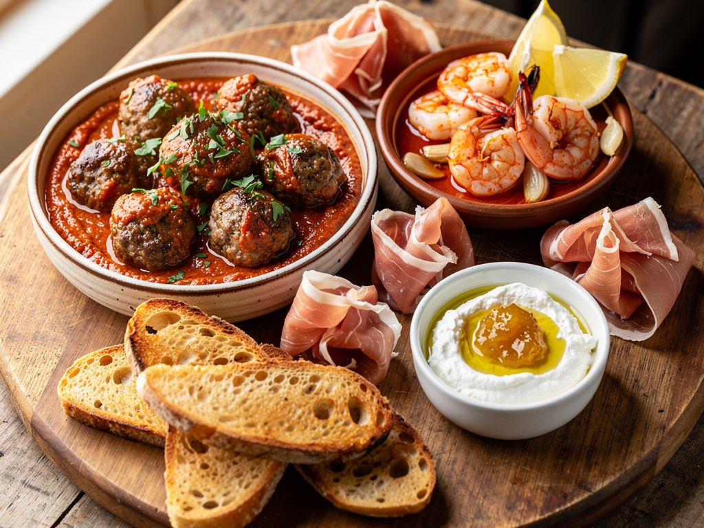 Spanish Tapas Platter with Beef Meatballs, Garlic Shrimp, and Crostini