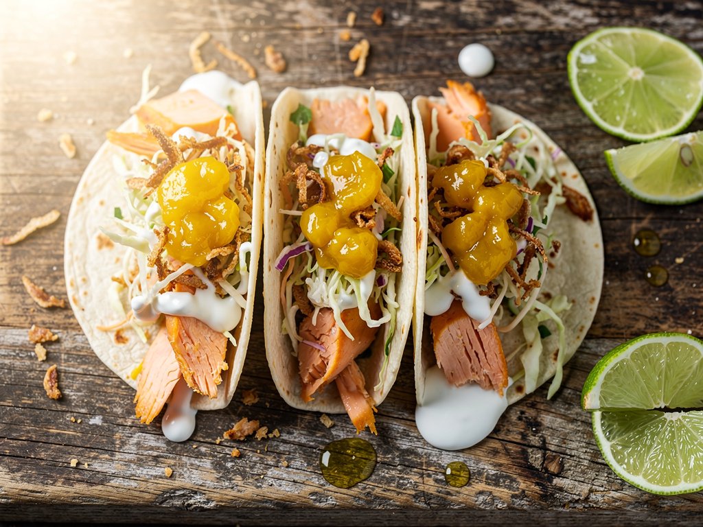 Spice-Crusted Salmon Tacos with Mango Chutney and Lime Crema