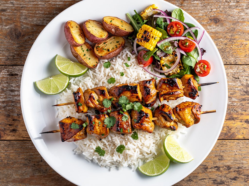 Spiced Ancho Chicken Skewers with Charred Corn Salad and Rice