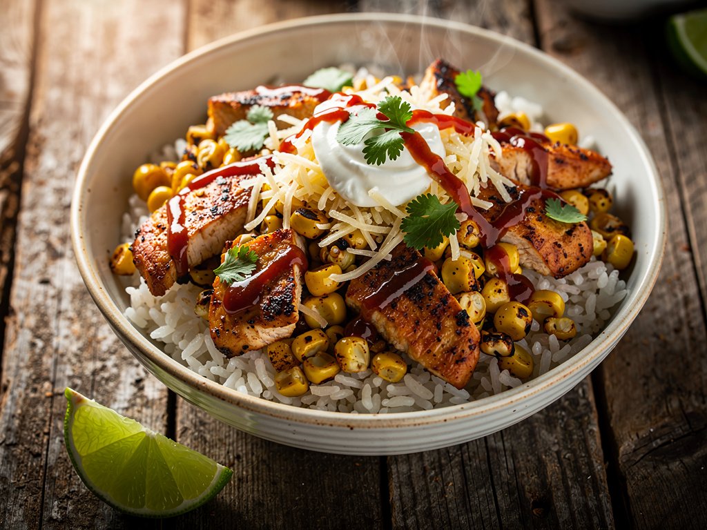 Spiced Chicken and Corn Esquites Bowl with Chipotle Lime Crema