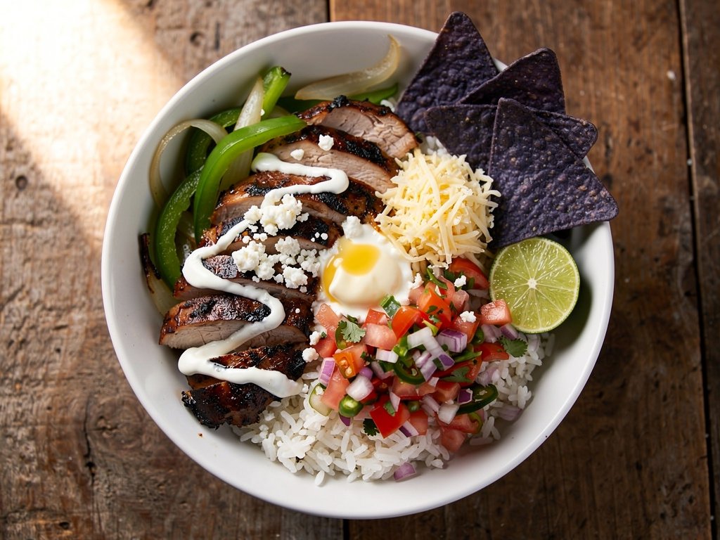 Spiced Chicken Fajita Bowl with Pico de Gallo and Chili Lime Crema