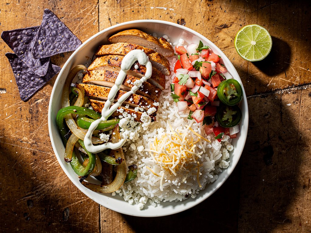 Spiced Chicken Fajita Bowls with Pico de Gallo and Chili Lime Crema