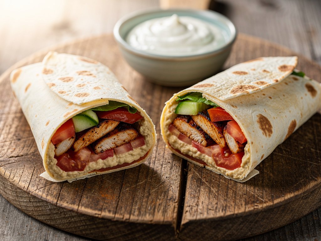 Spiced Chicken and Hummus Wraps with Cucumber and Yogurt