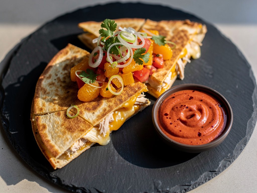 Spiced Chicken Quesadillas with Mandarin Salsa and Smoky Red Pepper Crema