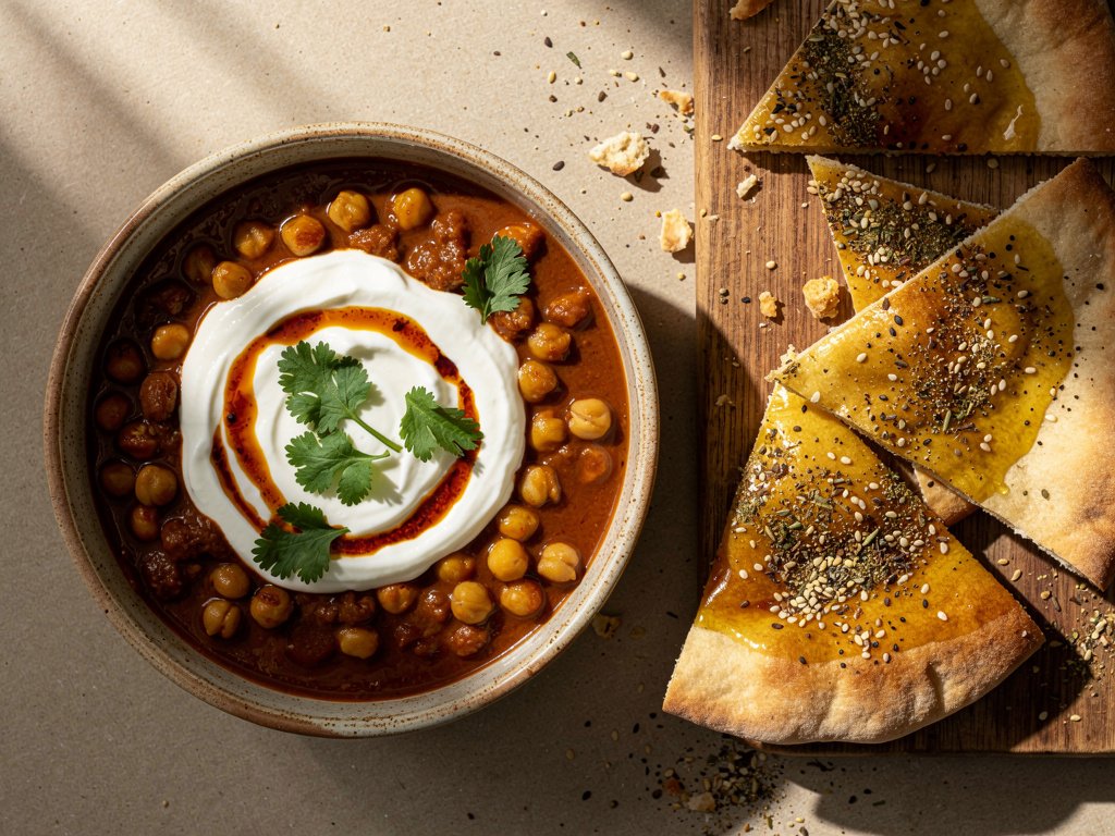 Spiced Chickpea Stew with Harissa Oil and Za'atar Pitas