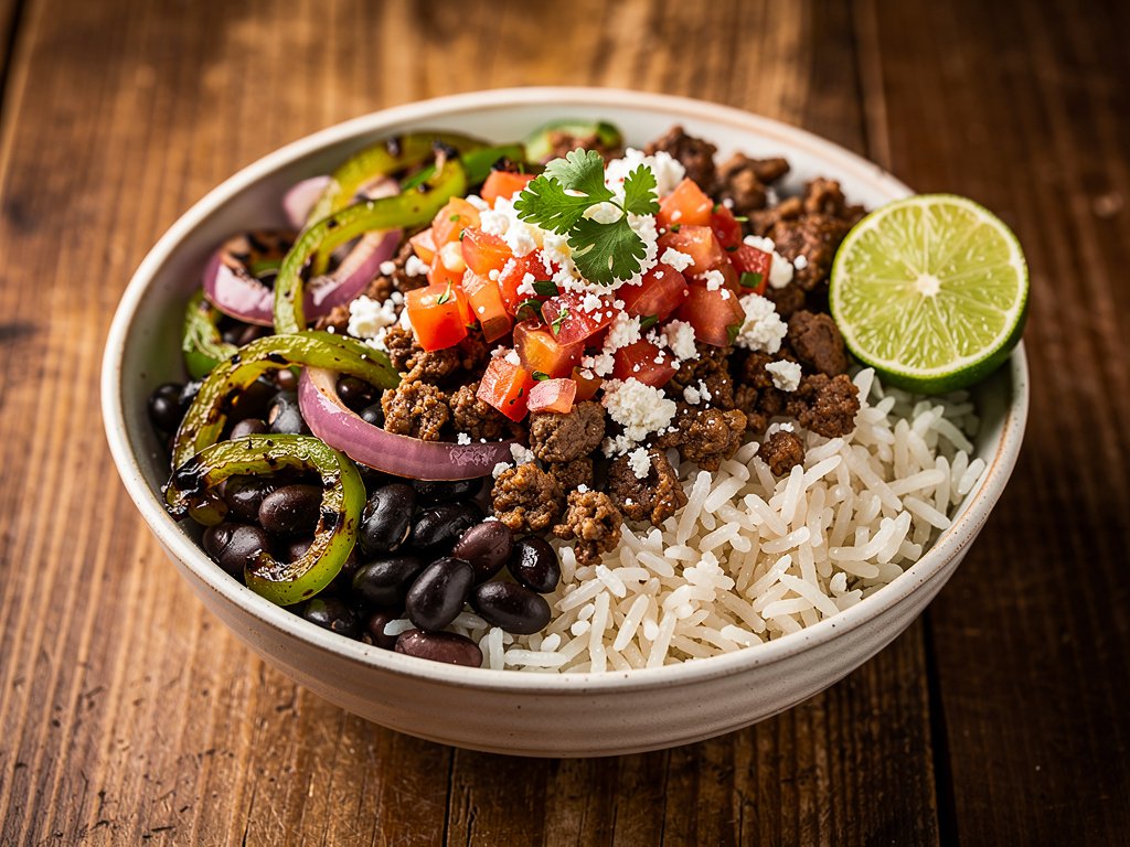 Spiced Ground Beef and Black Bean Rice Bowls with Fresh Salsa and Cotija