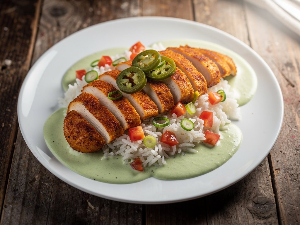Spiced Peruvian Chicken with Loaded Rice and Creamy Jalapeño Salsa Verde