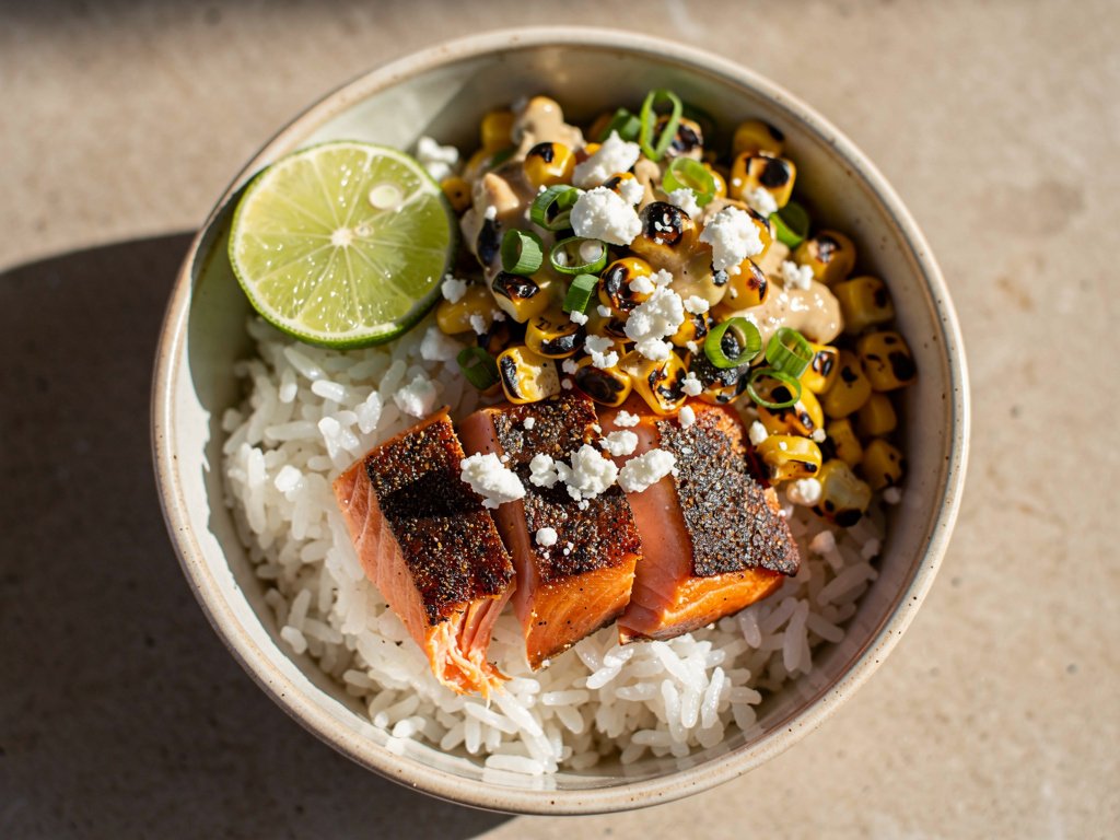 Spiced Salmon Bowls with Charred Corn and Cotija