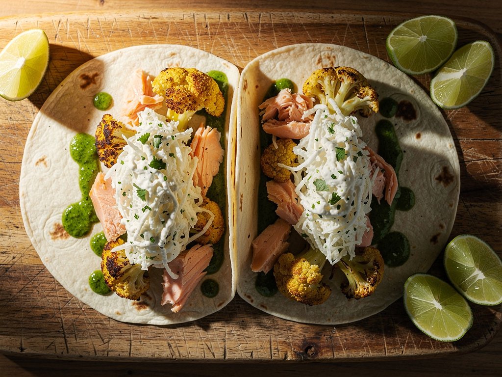 Spiced Salmon and Cauliflower Tacos with Creamy Cilantro-Lime Slaw