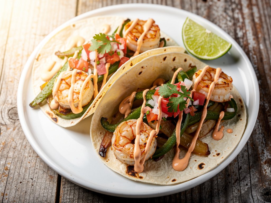 Spiced Shrimp Tacos with Pico de Gallo and Hot Sauce Crema