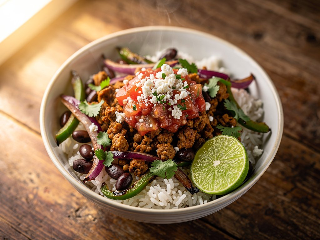 Spiced Turkey and Black Bean Rice Bowls with Fresh Salsa and Cotija